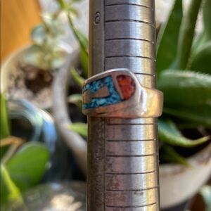 Vintage Turquoise and Coral Inlay Mosaic Sterling Ring‎